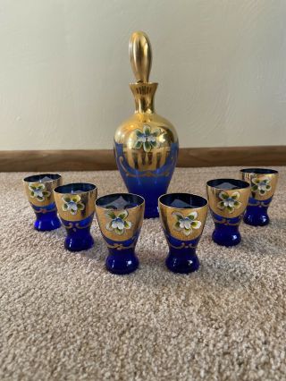 Bohemian Czech Cobalt Blue And Gold Glass Decanter Set 7 Piece