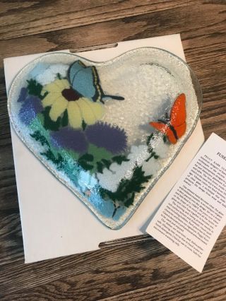 Peggy Carr Signed Fused Art Glass Heart Shaped Plate Butterflies Garden 2