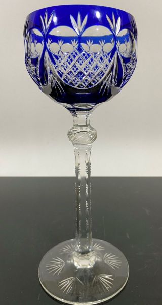 Cut To Clear Etched Floral Blue Art Glass Wine Cocktail Goblet Cup