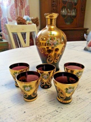 Vintage Hand Painted Venetian Amethyst Glass Decanter with 5 shot glasses Made i 2