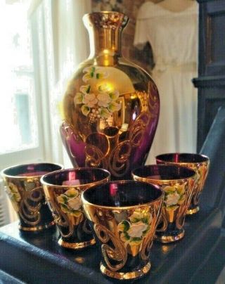 Vintage Hand Painted Venetian Amethyst Glass Decanter with 5 shot glasses Made i 3
