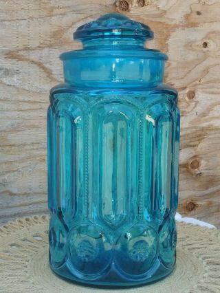Le Smith Glass Blue Moon & Star Apothecary Jar Canister Thumbprint Lid 11.  5 "