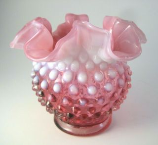 Fenton Glass Cranberry Opalescent Hobnail Vase With Ruffled Edge 4.  25 "