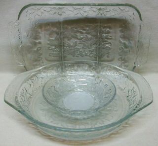 3 Nwob Princess House Glass Fantasia 539 Pie Plate,  534 3 - Section Tray & Sm Bowl