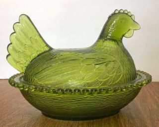 Vintage Indiana Glass Olive Green Rooster Chicken Hen Nest Bowl Covered Dish