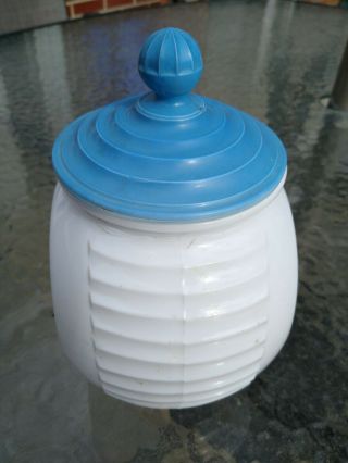 Anchor Hocking Art Deco Fire King Vitrock Blue Circle Sugar Canister Jar And Lid 2