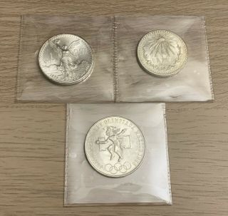 (3) Mexican Silver Coin - 1982 Onza Libertad,  1944 Peso,  1968 25 Pesos Mexico