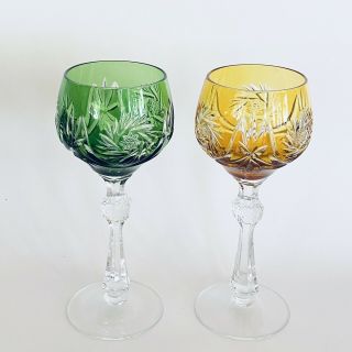 Vintage Cut To Clear Emerald Green Amber Bohemian Czech German Wine Hock Glass 2