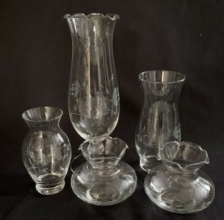 Set Of 5 Princess House Heritage Etched Glass Flower Floral Vases 3.  5 - 10 "