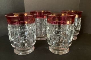 Vtg Set Of 4 Tiffin Kings Crown Ruby Red Flash Thumbprint Glasses 7 Oz Tumbler