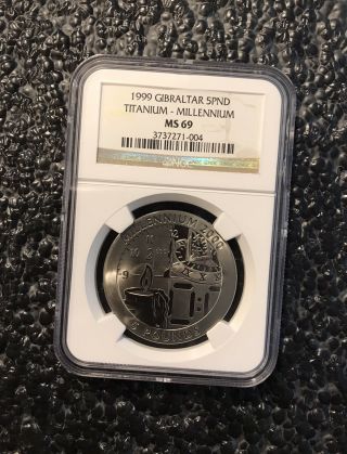 1999 Gibraltar 5 Pound Titanium Millennium Coin NGC MS 69 3
