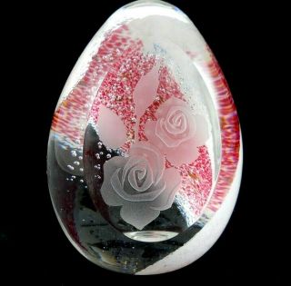 Scotland Caithness Large Art Glass Paperweight Etched Roses Signed Numbered