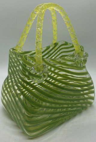Hand Blown Murano Style Art Glass Purse Vase Lime Green And Clear Stripes