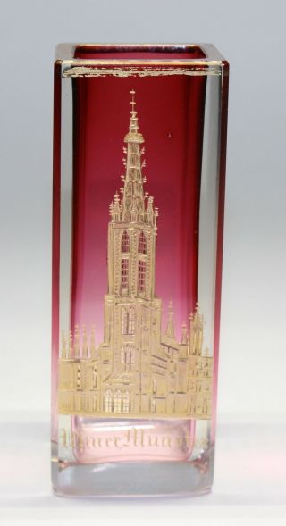 Bohemian/czech Art Glass Vase Gold Etched Ulmer Munster Church Moser