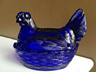 Cobalt Blue Glass Hen On Basket Weave Nest 2 Pc Candy Dish 6 "