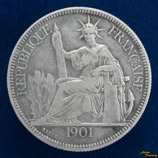 1901 French Indo - China 1 Piastre Silver Crown Coin Vf Vietnam Laos Cambodia