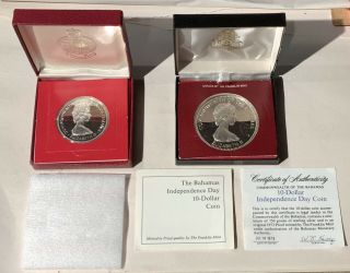 Bahamas 1973 $10 And 1971 $2 Proof Silver Coins