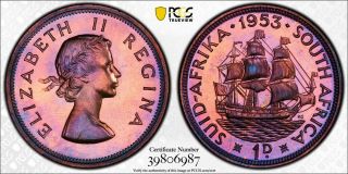 1953 South Africa Penny Pcgs Pr65 Rb - Colorful Toning