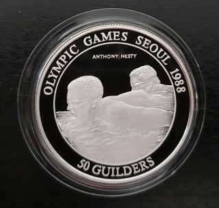 Suriname Silver Proof 50 Guilders Coin 1988 Year Km 28.  1 Swimming Olympic Seoul