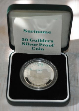 SURINAME SILVER PROOF 50 GUILDERS COIN 1988 YEAR KM 28.  1 SWIMMING OLYMPIC SEOUL 3
