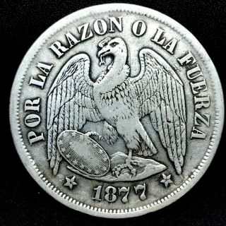 Republic Chile 1877 So (25 Gram) Un (1) Peso Silver Coin Km 142.  1.  2