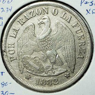 Chile,  Peso,  1882 So,  Extra Fine,  Details,  Hairlines,  Condor, .  7234 Ounce Silver