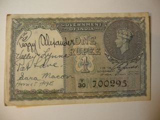 Ww2 Short Snorter Banknote 1940 1 Rupee British India Sweethearts