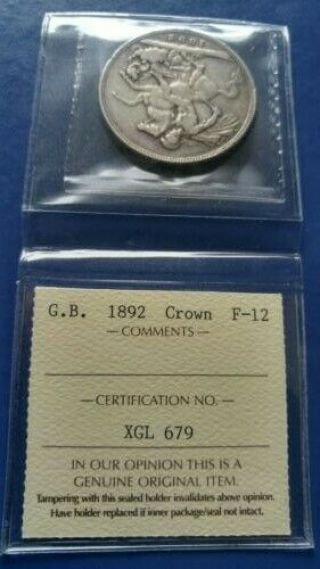 1892 Great Britain Crown Silver Coin Queen Victoria Iccs F - 12