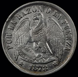 Foreign Night 6.  Au Details 1878 Chile Silver 1 Peso.  Km 142.  1