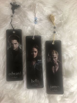 Twilight - 3 Bookmarks - W/tassel Beads - Edward,  Bella & James - Plastic Sleeve