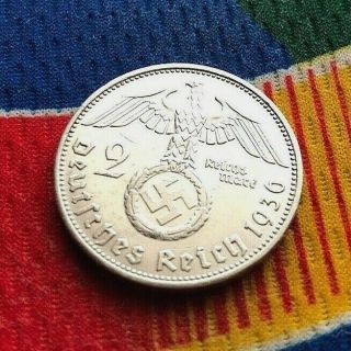 1936 E 2 Mark German Wwii Silver Coin Third Reich Swastika Reichsmark 5 Star