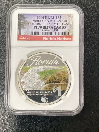 2014 Tuvalu 1 Oz.  999 Silver Florida Alligator Coin Ngc Pf70 Ultra Cameo