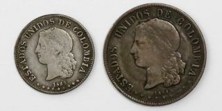 Two Medellin,  Colombia,  20 Centavos 1884 And 10 Centavos 1885,  0.  835 Silver