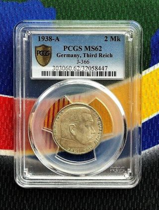 Pcgs Ms 62 1938 A 2 Mark Wwii German Silver Third Reich Coin 5