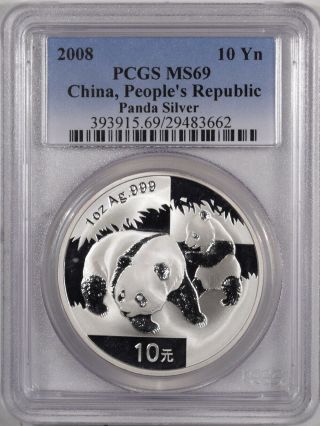 2008 China 10 Yuan 1 Oz Silver Panda,  Pcgs Ms - 69
