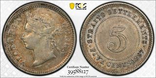Straits Settlements Queen Victoria 5 Cents 1897 H About Uncirculated Pcgs Au55