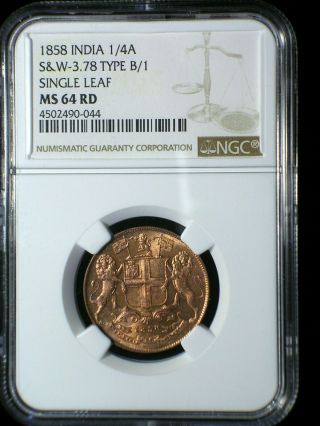 British East India Company 1858 W 1/4 Anna Ngc Ms - 64 Rd Sharp Bright Lustrous
