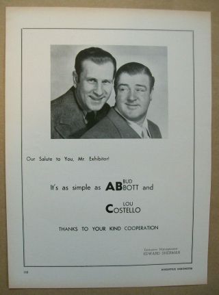 Bud Abbott And Lou Costello 1945 Ad - As Simple As A B And C/ Edward Sherman Mgmt