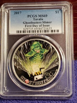2017 Tuvalu $1 Ghostbusters Slimer 1 Oz.  999 Silver Pcgs Ms 69 Unc First Day