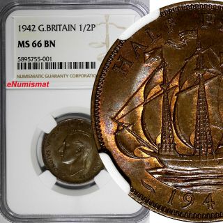 Great Britain George Vi Bronze 1942 1/2 Penny Ngc Ms66 Bn Top Graded Km 844 (001)