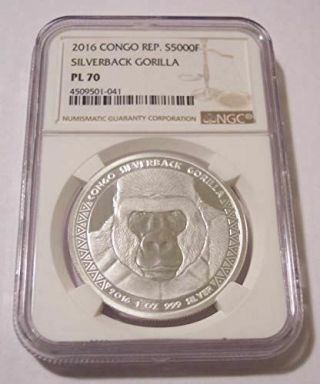 Congo Republic 2016 1 Ounce Silver 5000 Francs Silverback Gorilla Pl70 Ngc