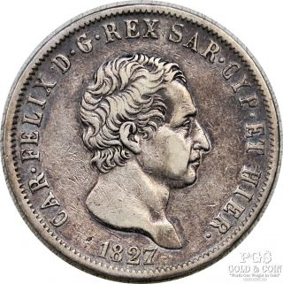 1827 Italian States 5 Lire Sardinia Carlo Felice Silver World Coin 19526