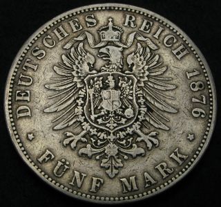 Hamburg (german City) 5 Mark 1876 J - Silver - F/vf - 1692