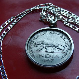 1947 India Tiger 1/2 Rupee Coin Pendant On A 20 " 925 Sterling Silver Chain 25mm