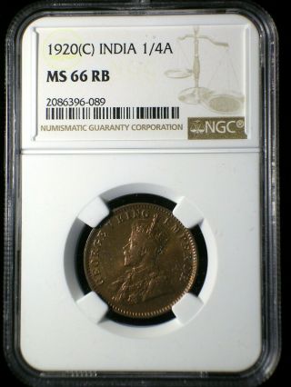 British India 1920 C 1/4 Anna Ngc Ms - 66 Rb A Real Blazer Only 1 Graded Higher