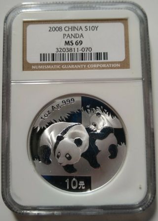 2008 China Panda - 1 Oz Silver 10 Yuan - Ngc Ms 69