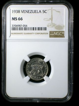 Republic Of Venezuela 1938 5 Centimos Ngc Ms - 66 Only One Graded Higher