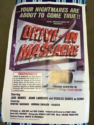 Vintage Movie Poster Theater 27x41 Drive In Massacre 1976 Horror Monste