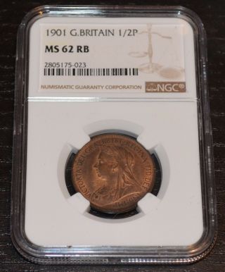 1901 Great Britain 1/2 Penny Graded By Ngc As Ms 62 Rb