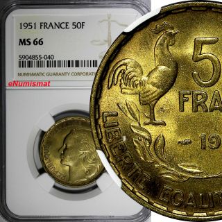 France Aluminum - Bronze 1951 50 Francs Ngc Ms66 Only 1 Graded Highest Km 918.  1 (0)